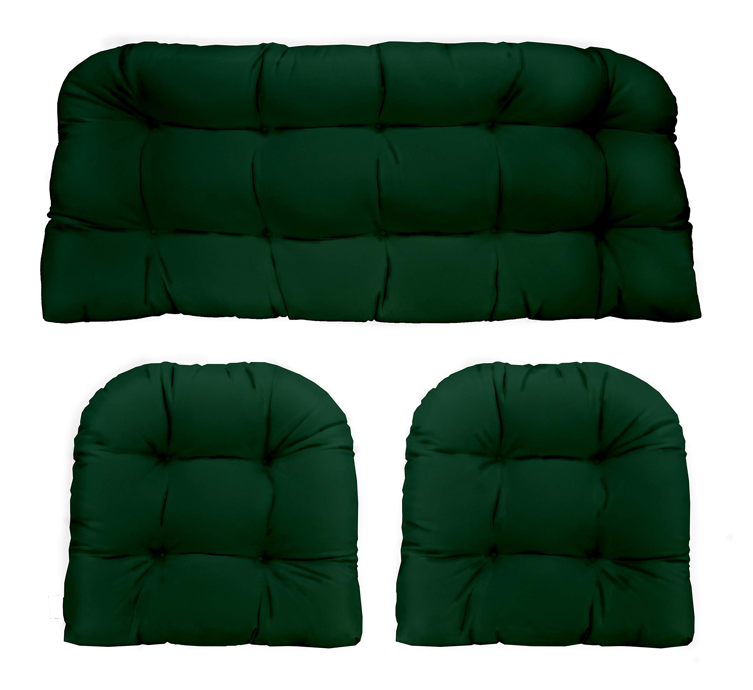 Rsh Decor Indoor Outdoor 3 Piece Tufted Wicker Settee Cushions 1 Loveseat & 2 U-Shape Weather Resistant Choose Color (Hunter Gre