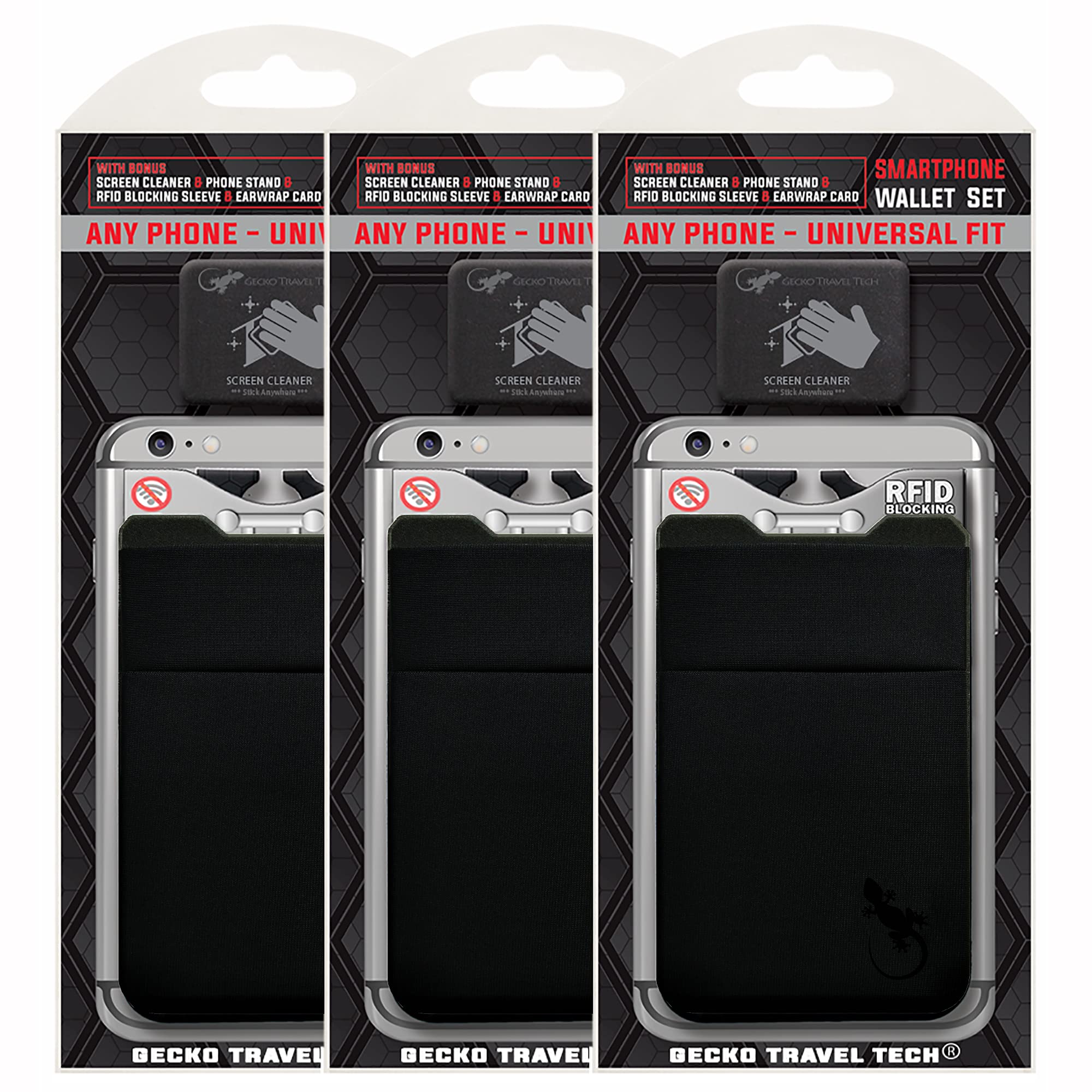 Stick on Phone Wallet  Double Pocket, 3 PACK - Black Black