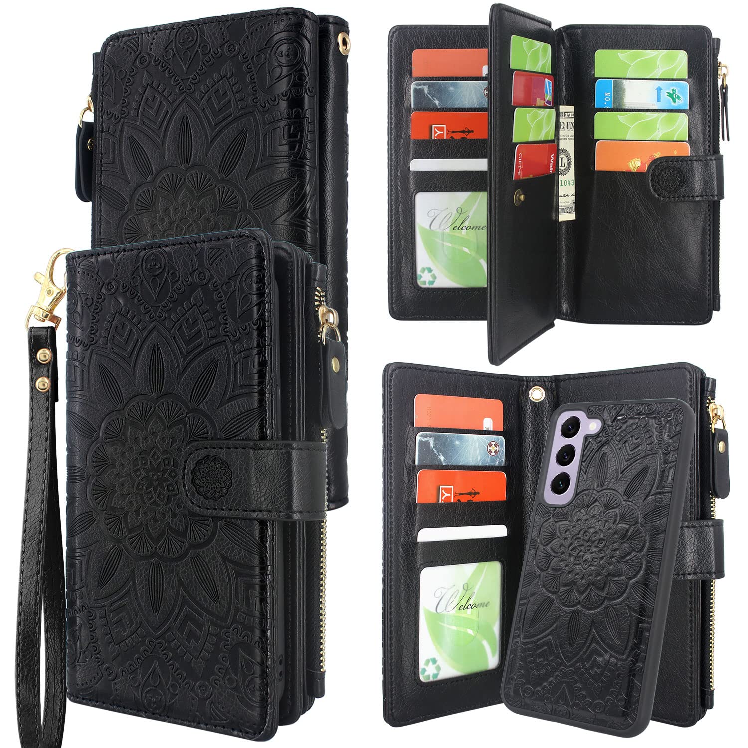 Harryshell Detachable Magnetic Zipper Wallet Leather Case With Cash Coin Pocket 12 Card Slots Holder Wrist Strap Lanyard For Sam