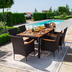 Devoko Outdoor Patio Dining Sets 7 Pieces Rattan Patio Conversation Set With Acacia Wood Table Top And Widened Armrests, Wicker 