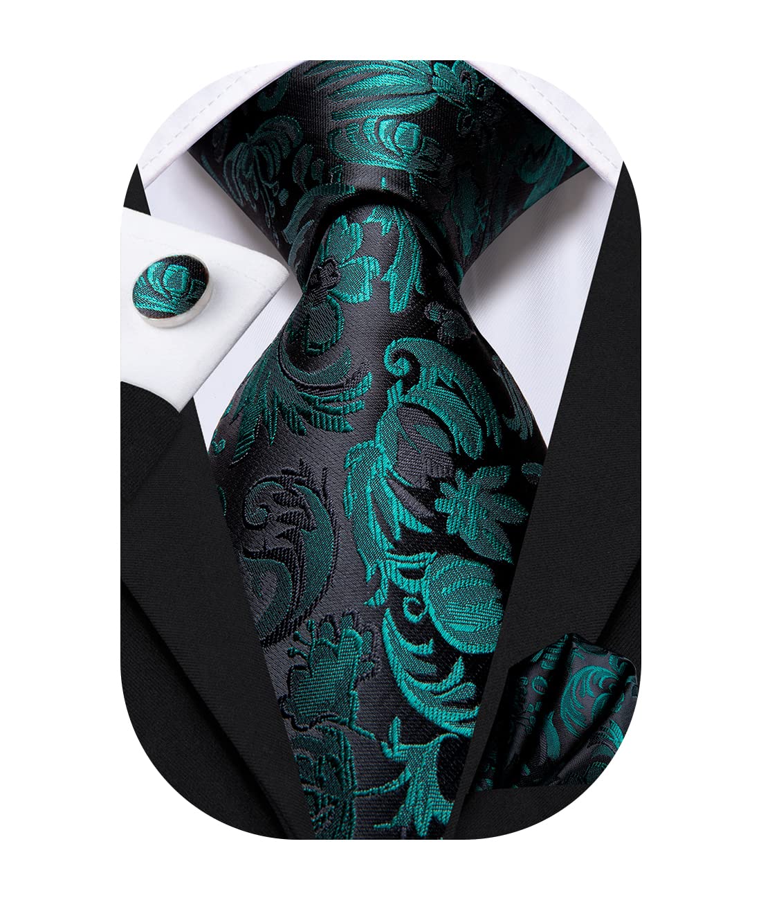 Hi-Tie Black And Green Floral Mens Necktie Set Silk Woven Party Tie And Pocket Square Cufflinks