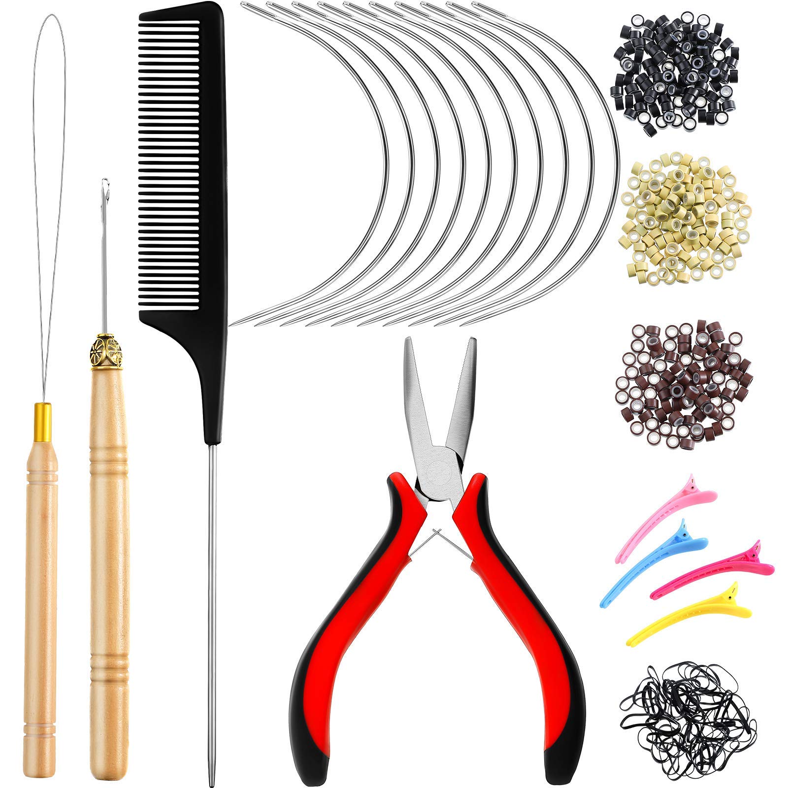 Chuangdi Hair Extension Tools Kit, 600 Silicone Lined Micro Rings, Micro  Ring Beads Pliers, 2 Hook Needle Pulling Loop, 10 Curved Hair Ne