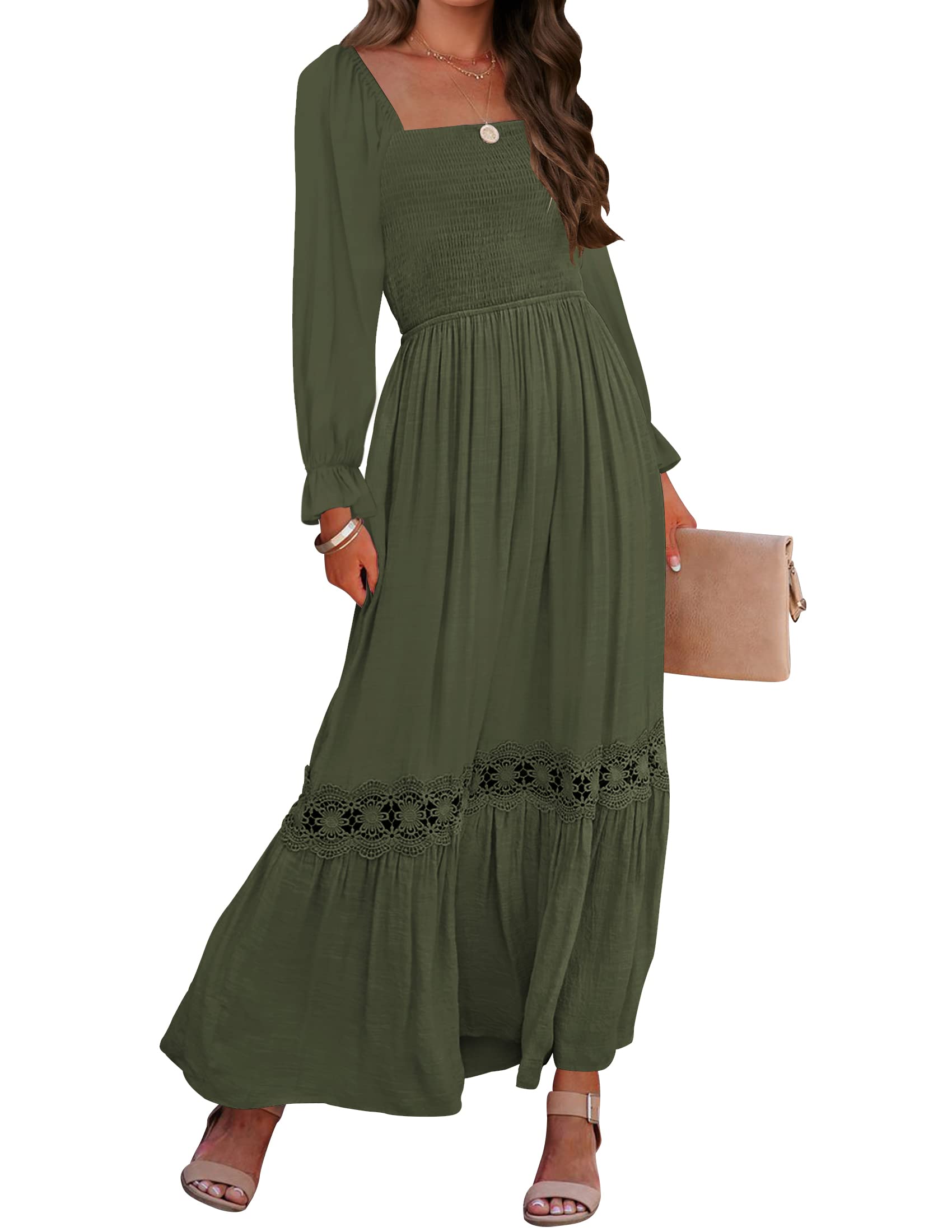 Zesica Womens 2023 Boho Long Sleeve Square Neck Smocked High Waist Flowy A Line Lace Trim Maxi Dress,Armygreen,Medium