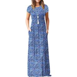Grecerelle Womens Short Sleeve Floral Print Loose Plain Maxi Dresses Casual Long Dresses With Pockets Fp Cashew Cyanblue-3X-Larg