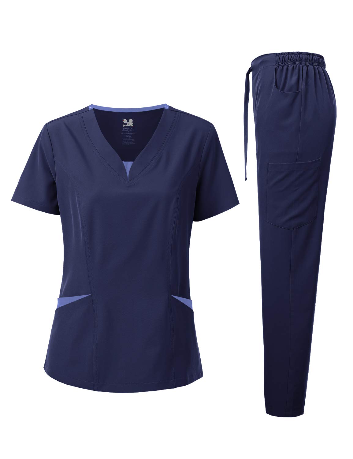 Dagacci Medical Uniform Womens Scrubs Set 4-Way Stretch Split Contrast Net And Pocket (Small, Navy)