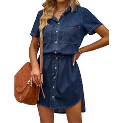 Luvamia Womens Casual Denim Shirt Dress Short Sleeves Tie Waist Button Down Jean Tunic Dress Button Down Dress Dark Reflections