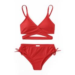 Mienoe Teen Girls Swimsuits Two-Piece Swimsuit V-Neck Bikini Swimsuit Solid Color Adjustable Shoulder Straps Swimsuit Kids Red B