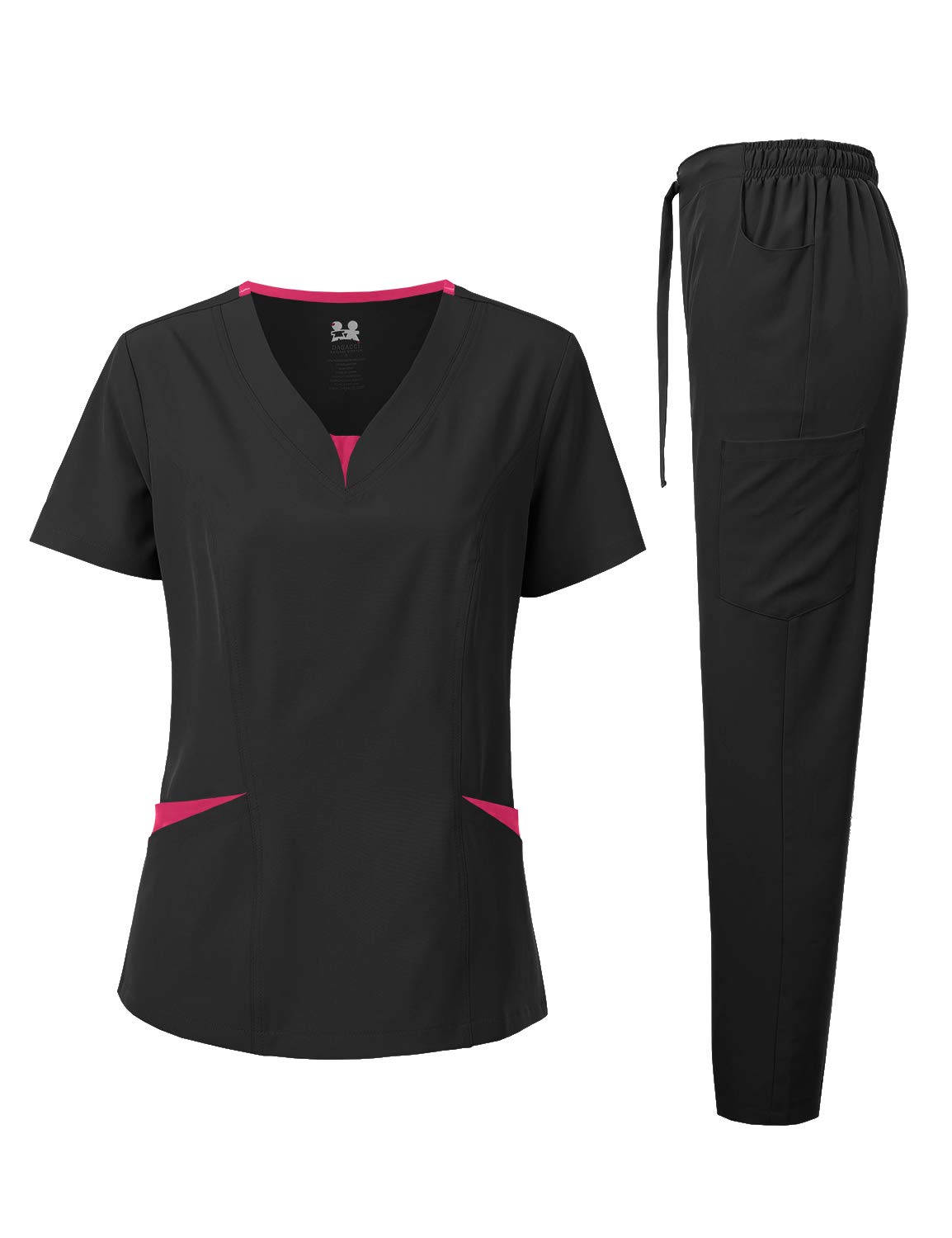 Dagacci Medical Uniform Womens Scrubs Set 4-Way Stretch Split Contrast Net And Pocket (Small, Black)