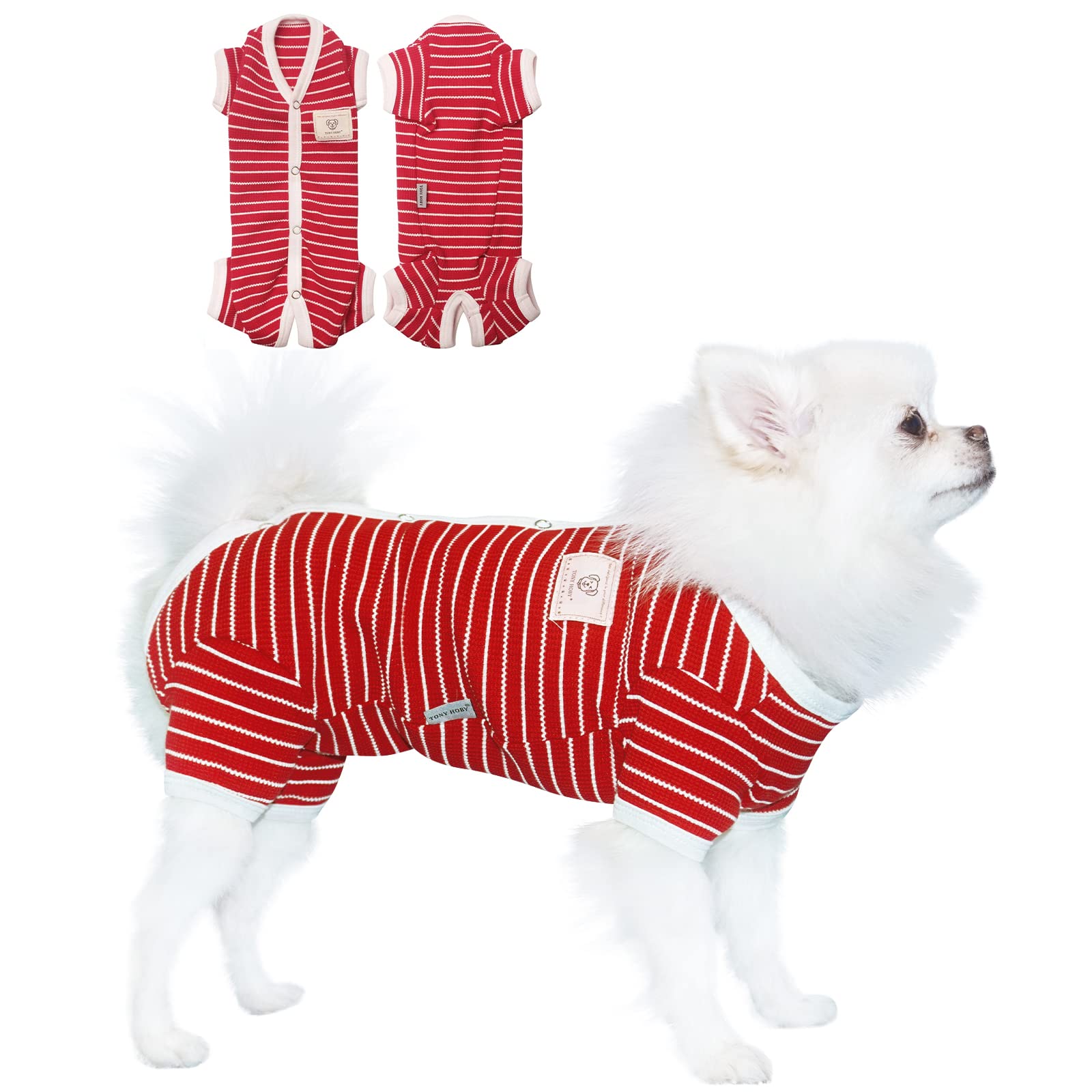 Tony Hoby Dog Pajamas 4 Legged Pet Clothes, Dog Onesies With Waffle Stripes, Dog Jumpsuit Pajamas For Medium Small Dog (Red, Gir