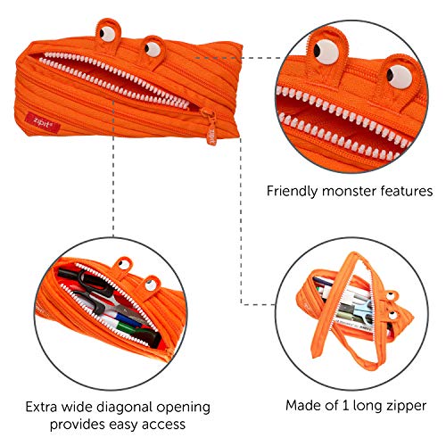 Zipit Monster Pencil Case For Boys, Holds Up To 30 Pens, Machine Washable, Made Of One Long Zipper! (Orange)