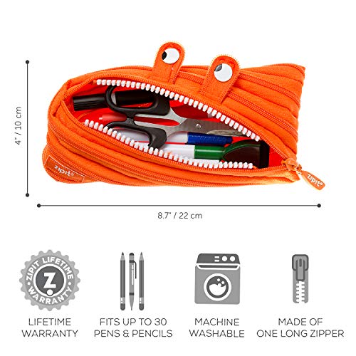 Zipit Monster Pencil Case For Boys, Holds Up To 30 Pens, Machine Washable, Made Of One Long Zipper! (Orange)