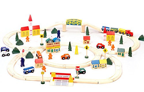 Conductor Carl Tcon-201 100-Piece Train Track Town Starter Set Bulk Value Wooden Set With 34 Track Pieces, 12 Cars & Trains, 15 
