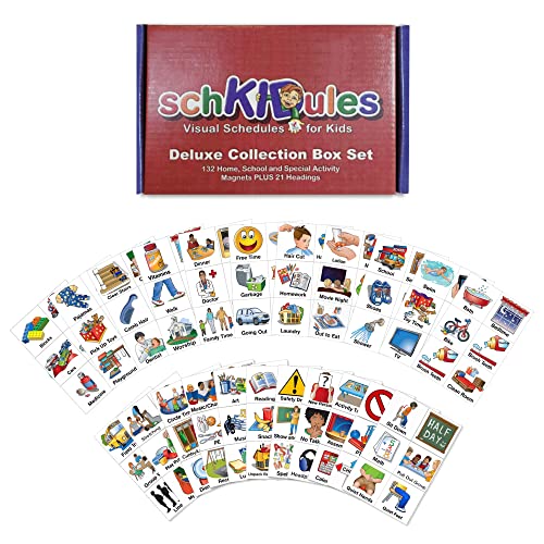 Schkidules Visual Schedule For Kids 153 Pc Deluxe Magnet Collection Box Set 132 Magnetic Activity Icons & 21 Headings For Home, 