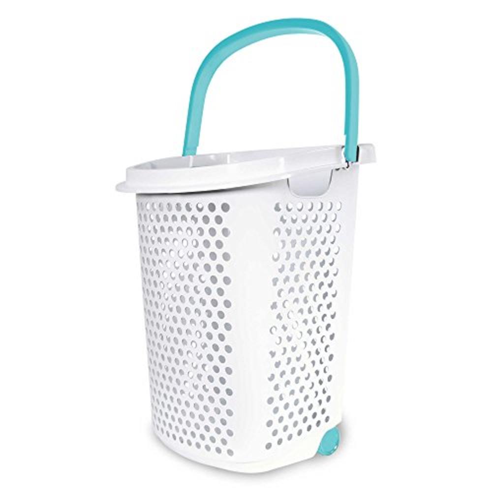 Home Logic 2.0-Bu. Rolling Laundry Hamper Container Bin Storage In White Features Pop-Up Handle, Hole Pattern For Ventilation, B