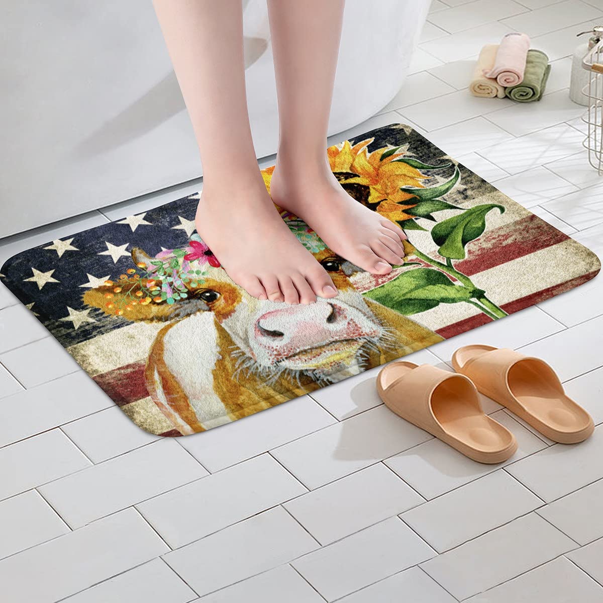 feelyou Sunflower Cow Bath Rugs For Bathroom Farm Cow Animal Bathroom ...
