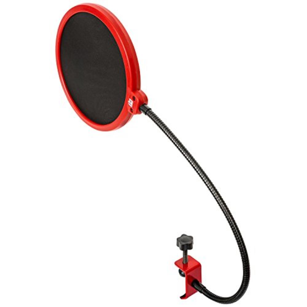 Deco Gear Universal Double Layer Pop Filter Microphone Wind Screen With Adjustable Goose Neck Mic Stand Clip (Black With Red Tri