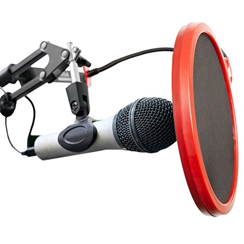 Deco Gear Universal Double Layer Pop Filter Microphone Wind Screen With Adjustable Goose Neck Mic Stand Clip (Black With Red Tri