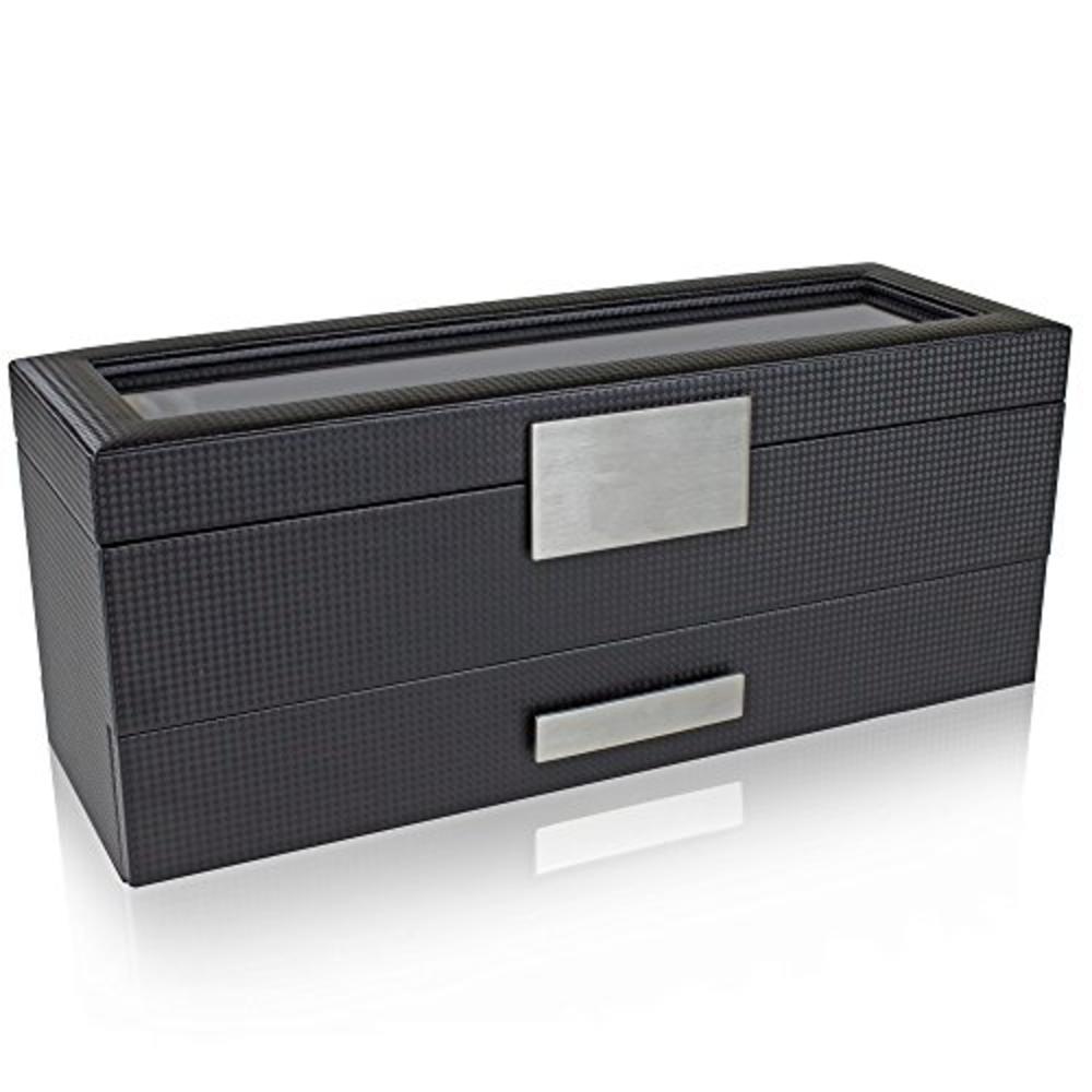 Glenor Co Watch Box With Valet Drawer For Men - 6 Slot Luxury Watch Case Display Organizer, Carbon Fiber Design -Metal Buckle Fo