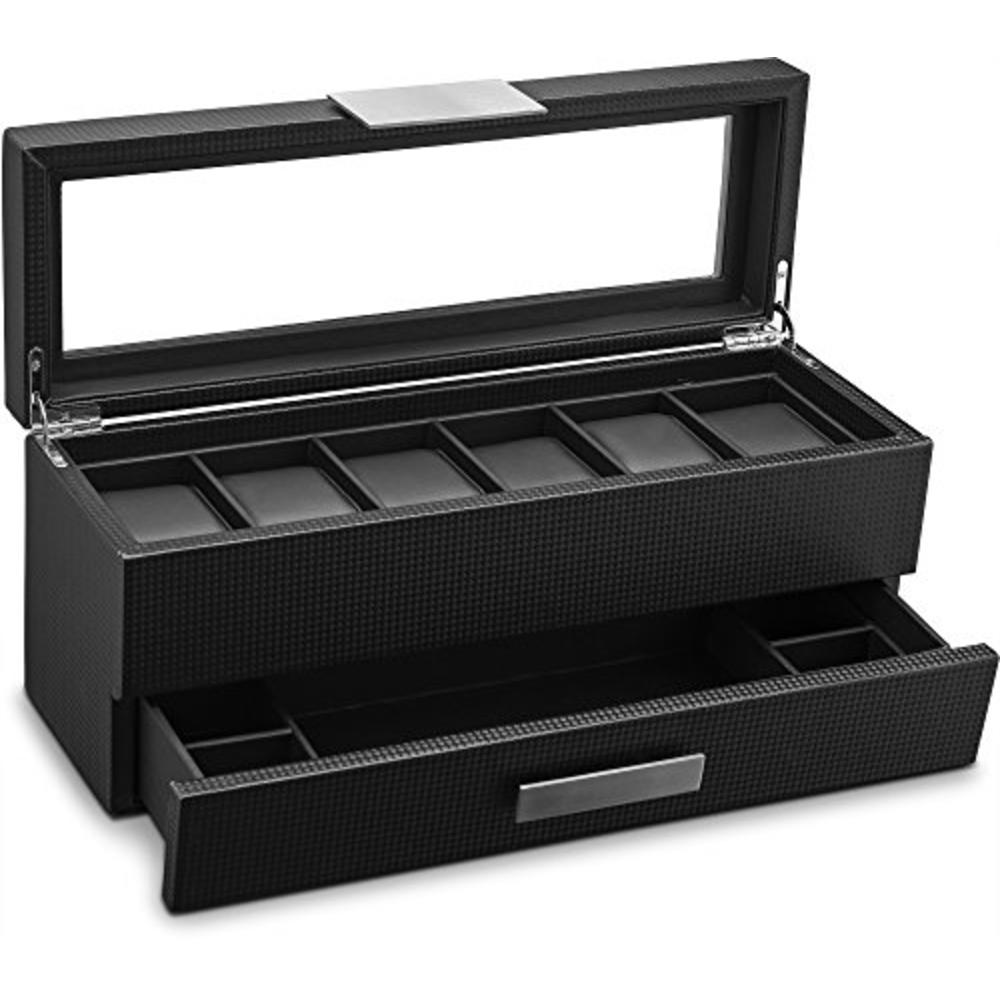 Glenor Co Watch Box With Valet Drawer For Men - 6 Slot Luxury Watch Case Display Organizer, Carbon Fiber Design -Metal Buckle Fo