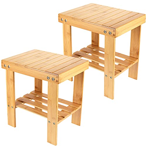 Pingeui 2 Packs 13 Inches Bamboo Step Stool, Non-Slip Bamboo Small Seat Stool, Durable Bamboo Footrest Bench With Storage Shelf 