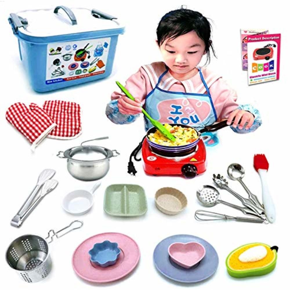 babyhorse Kids Junior Tiny Real Easy Cooking Kitchen Set And Baking Kit - 22 Pc. Mini Stove Burner, Chef, Apron, Oven Mitt, Recipes - Easy