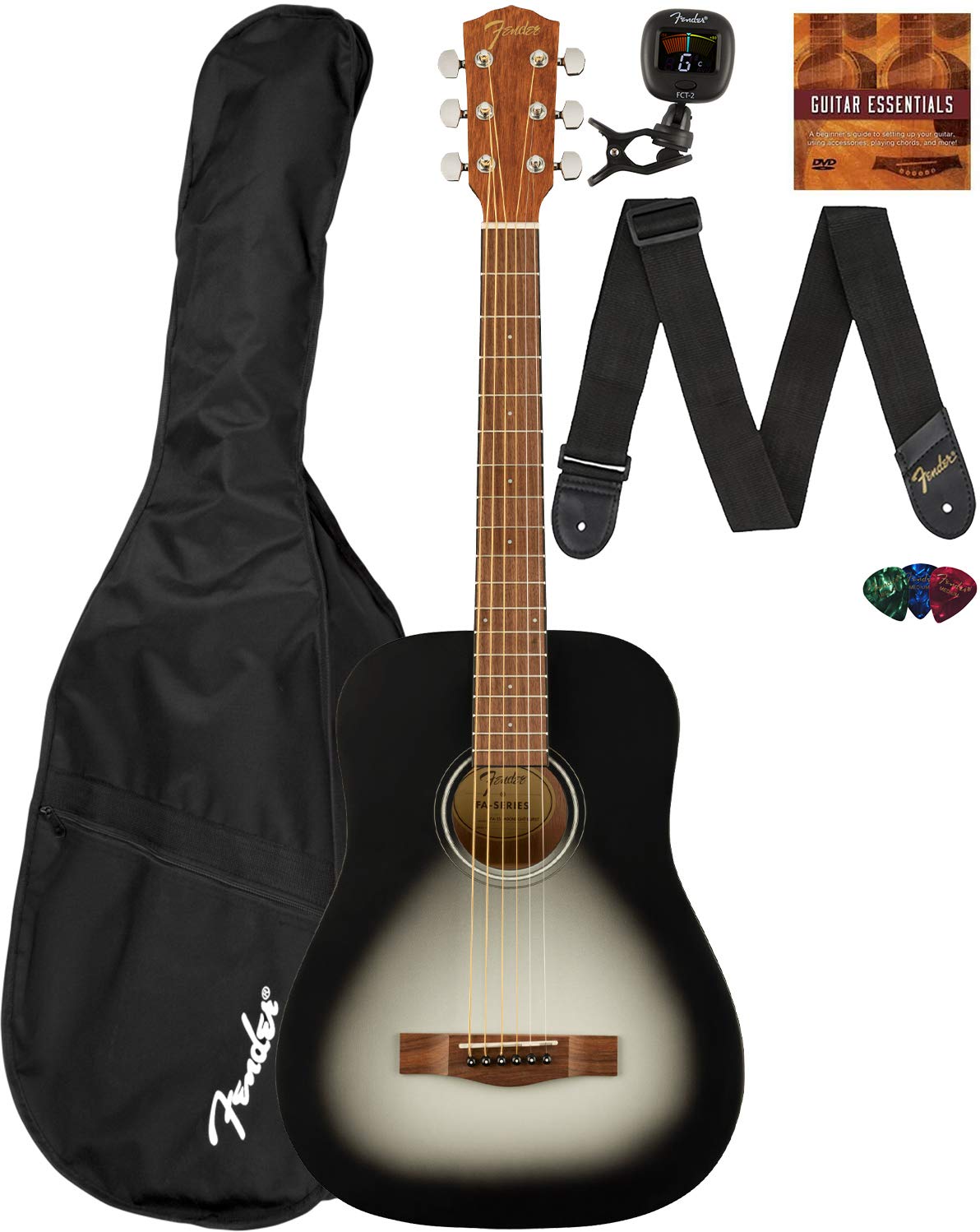 Fender Fa-15 34-Scale Kids Steel String Acoustic Guitar - Moonlight Burst Learn-To-Play Bundle With Gig Bag, Tuner, Strap, Picks