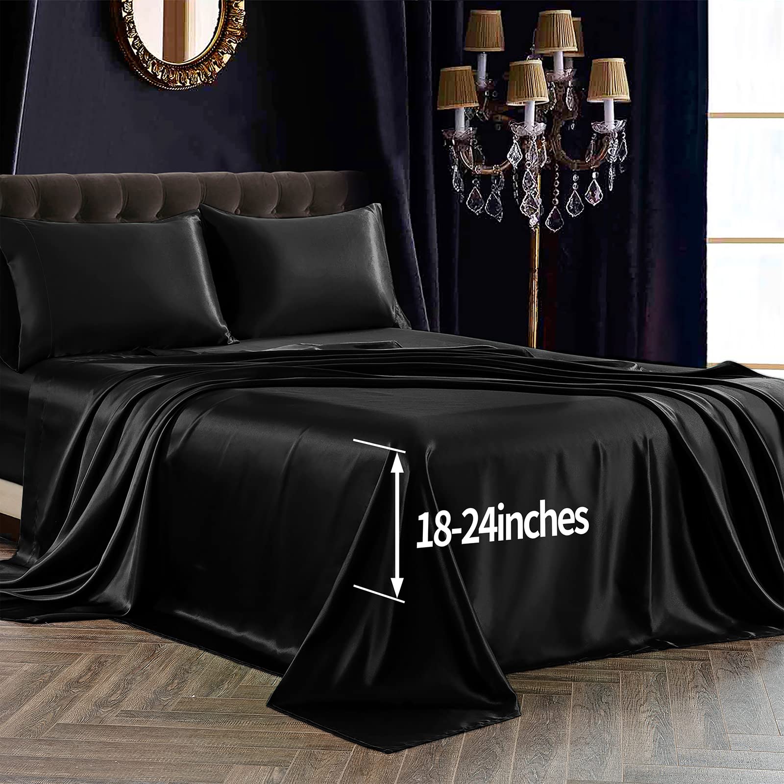 SiinvdaBZX 4Pcs Extra Deep Pocket Satin Sheet Set Queen Size Ultra Silky  Soft Black Satin Queen Bed Sheets Deep Fitted Sheet Set, image size:1600x1600