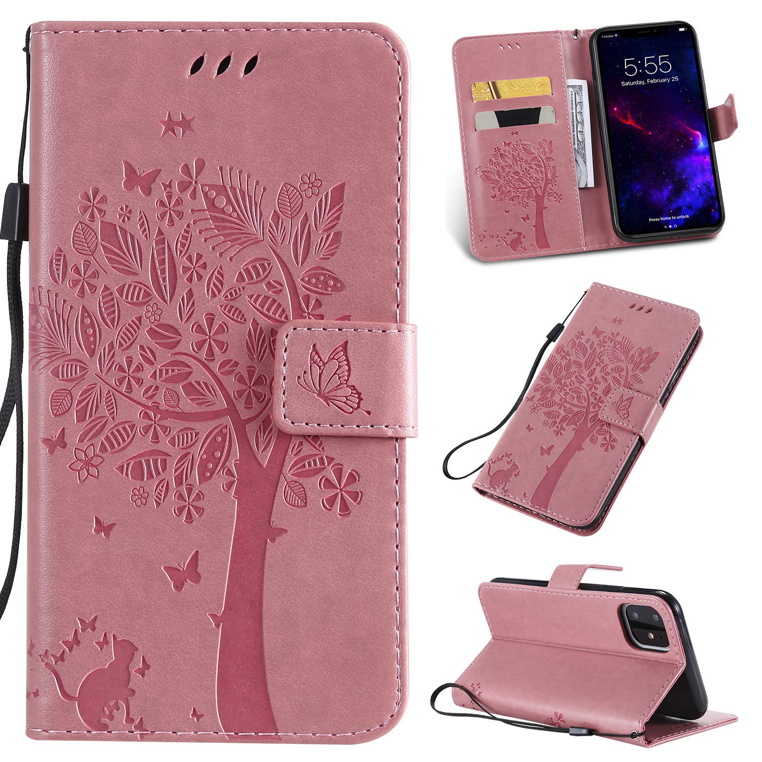 NOMO Iphone 11 Case With Screen Protector,Iphone 11 Wallet Case,Flip Case Pu Leather Emboss Tree Cat Flowers Folio Magnetic Kickstand