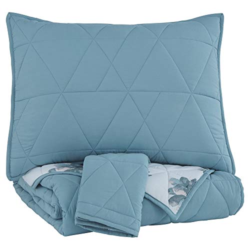 Benjara Geometrically Stitched Full Size Fabric Comforter Set With 2 Shams, Blue