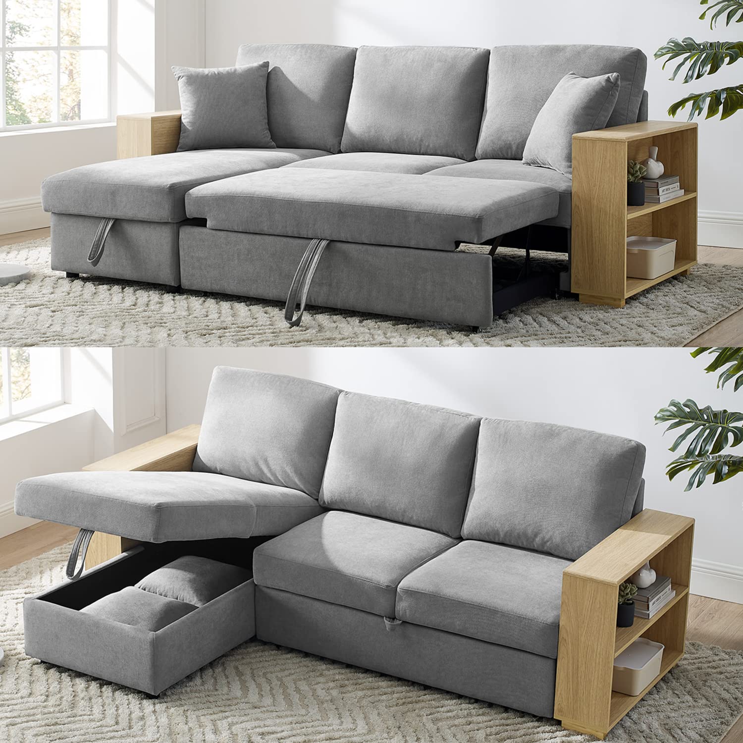 Polibi 88 Convertible Pull-Out Sleeper Sofa Bed Wreversible Storage Chaise Lounge L-Shaped Sectional Sofa Couch Armrests With Ad