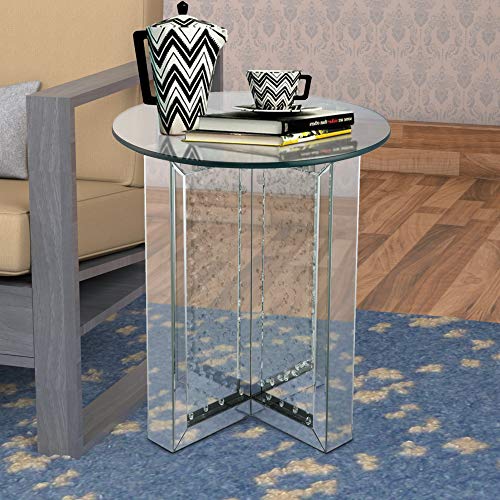 Benjara, Silver Benzara Round Mirrored End Table With Metal Framework