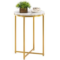 Techmilly Round End Table Faux Marble Sofa Table Accent Side Table With Metal Frame Modern Gold Nightstand Tall Coffee Table For