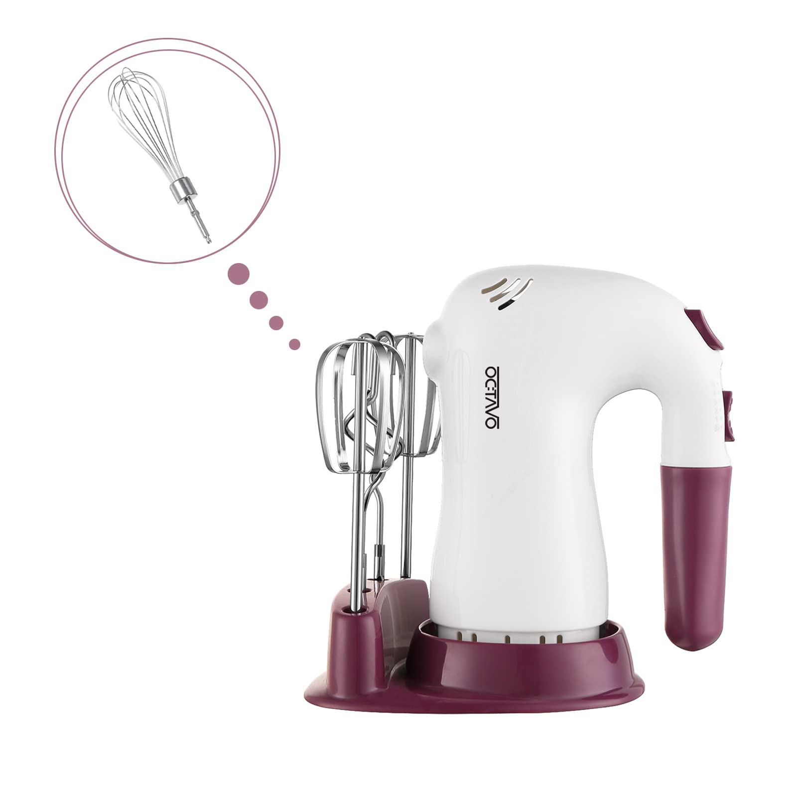 Octavo Hand Mixer Electric, 5 Speed 400W Powerful Electric Hand Mixer, Storage Base, 5 Stainless Steel Accessories, Eject Button