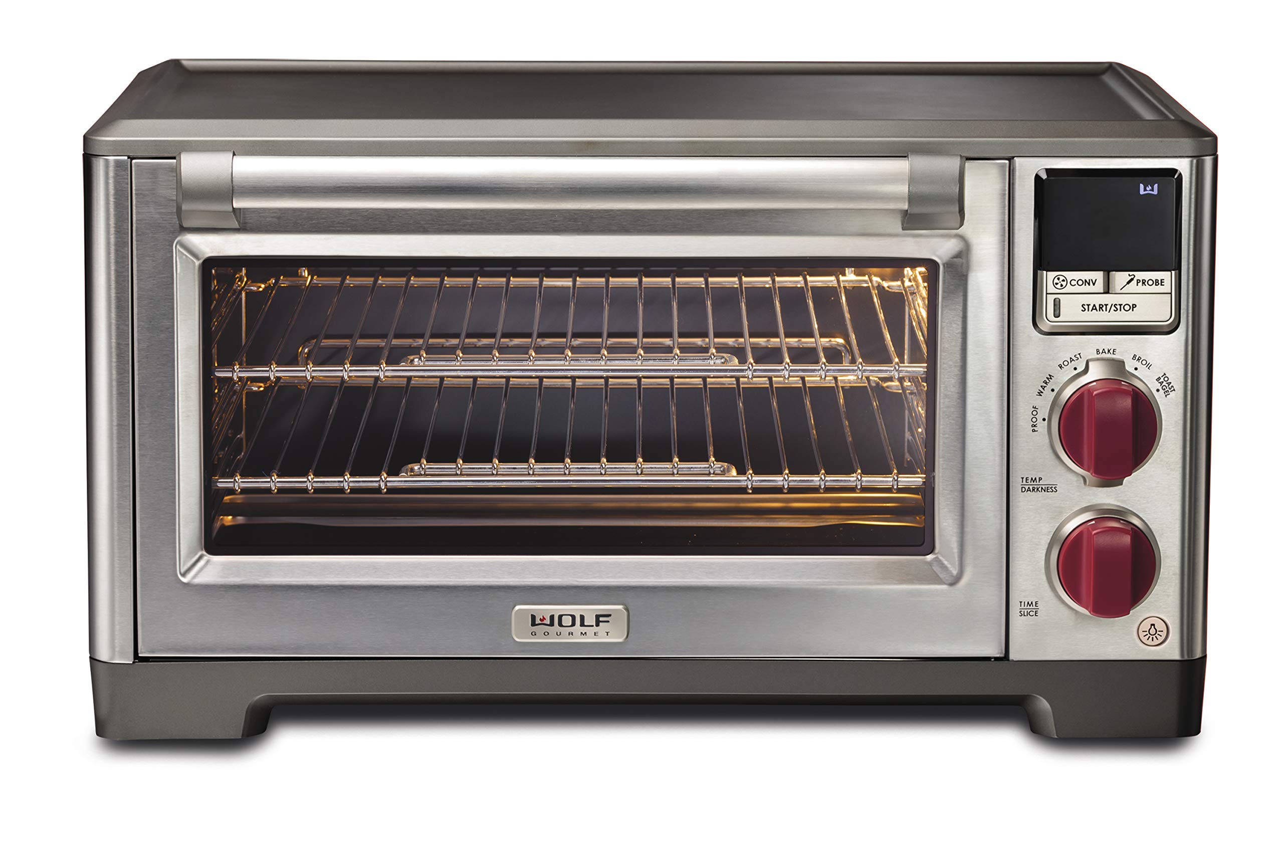 Wolf Gourmet Elite Digital Countertop Convection Toaster Oven With Temperature Probe, Stainless Steel And Red Knobs (Wgco150S)