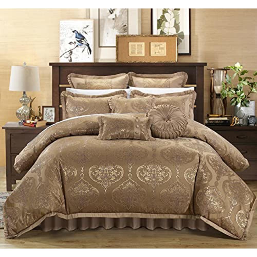 Chic Home 9 Piece Como Decorator Upholstery Quality Jacquard Motif Fabric Bedroom Comforter Set & Pillows Ensemble, King, Gold