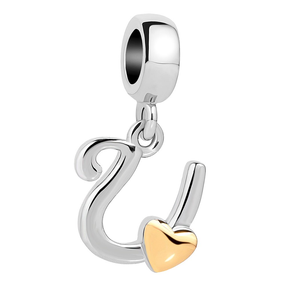 Wociud Queencharms Initial A-Z Letter Charm Golden Heart Alphabet Dangle Beads For Bracelets & Necklaces (U)