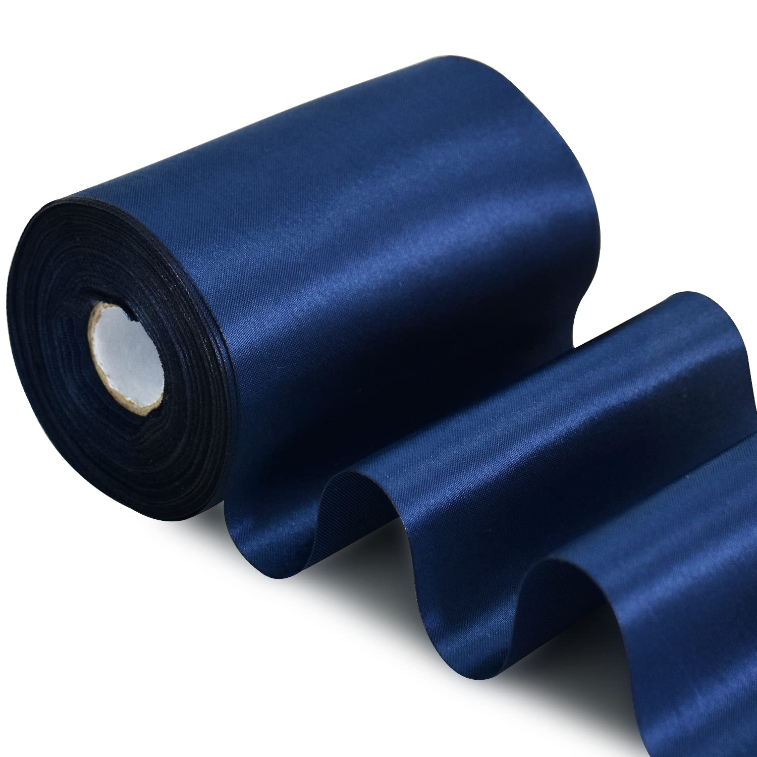 Toniful 4 In X 22Yds Wide Navy Blue Satin Ribbon Solid Fabric Large Ribbon For Cutting Ceremony Kit Grand Opening Chair Sash Tab