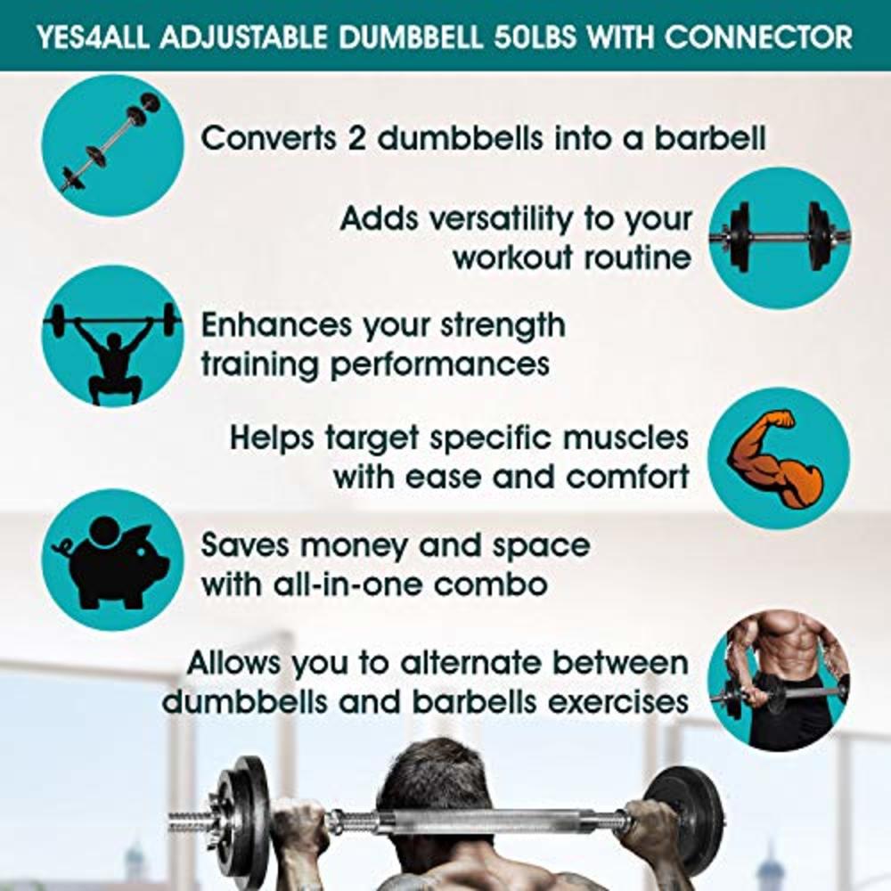 Yes4All Adjustable Dumbbells With Dumbbell Bar Connector – 50 Lb Dumbbell Weights (25 Lb X 2), C2. Black - 50Lb (25Lb X 2) + Con