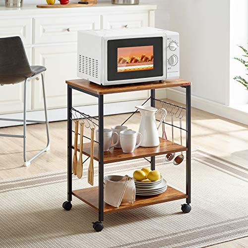 Mr Ironstone Kitchen Microwave Cart 3-Tier Kitchen Utility Cart Vintage Rolling Bakers Rack With 10 Hooks For Living Room Decora