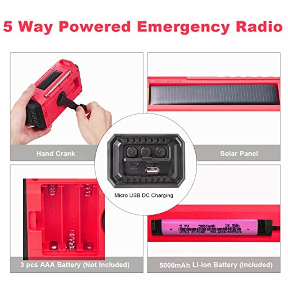 Mesqool Solar Hand Crank Portable Noaa Weather Alert Radio,5-Way Powered Am/Fm/Sw Emergency Radio For Household&Outdoor,5000Mah Battery 