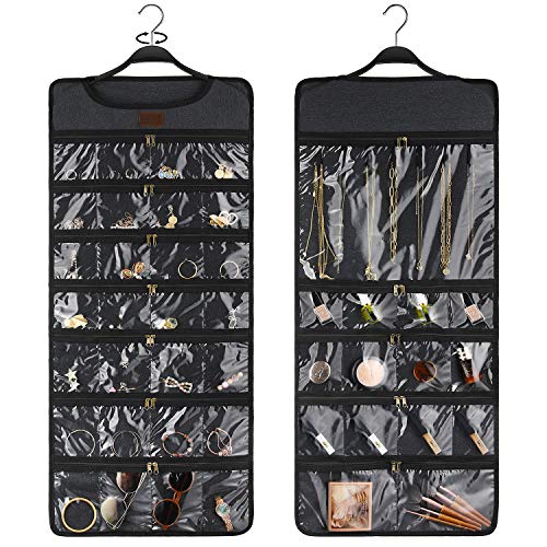 Smriti Hanging Jewelry Organizer With Dual Zippered Pockets Canvas Double Sided Rotating Hanger Necklace Hanging Wall Organizer 