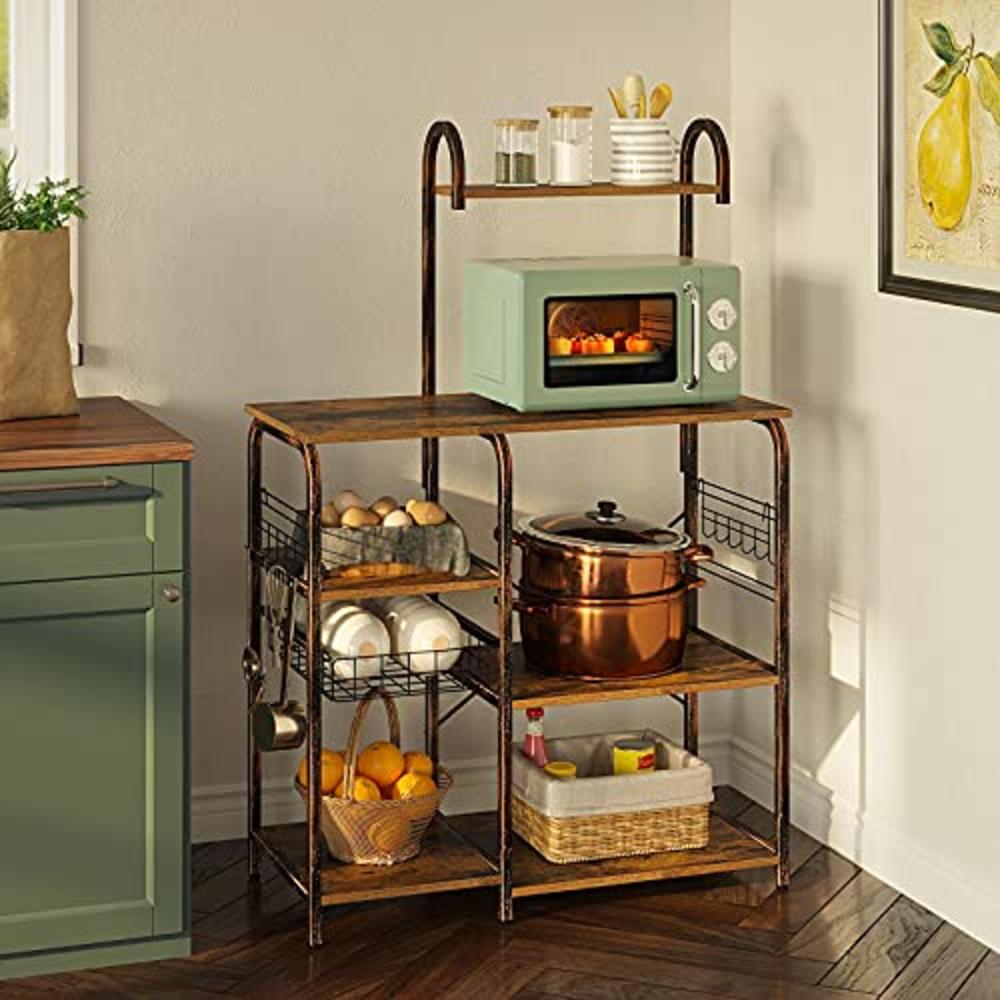 Rolanstar Bakers Rack For Kitchen 35.5 With 7 Shelves And 12 Hooks, Large Capacity Utility Storage Shelf With Microwave Stand F