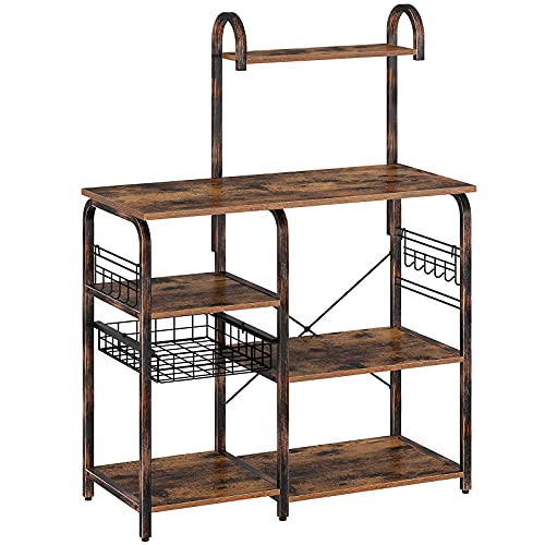 Rolanstar Bakers Rack For Kitchen 35.5 With 7 Shelves And 12 Hooks, Large Capacity Utility Storage Shelf With Microwave Stand F