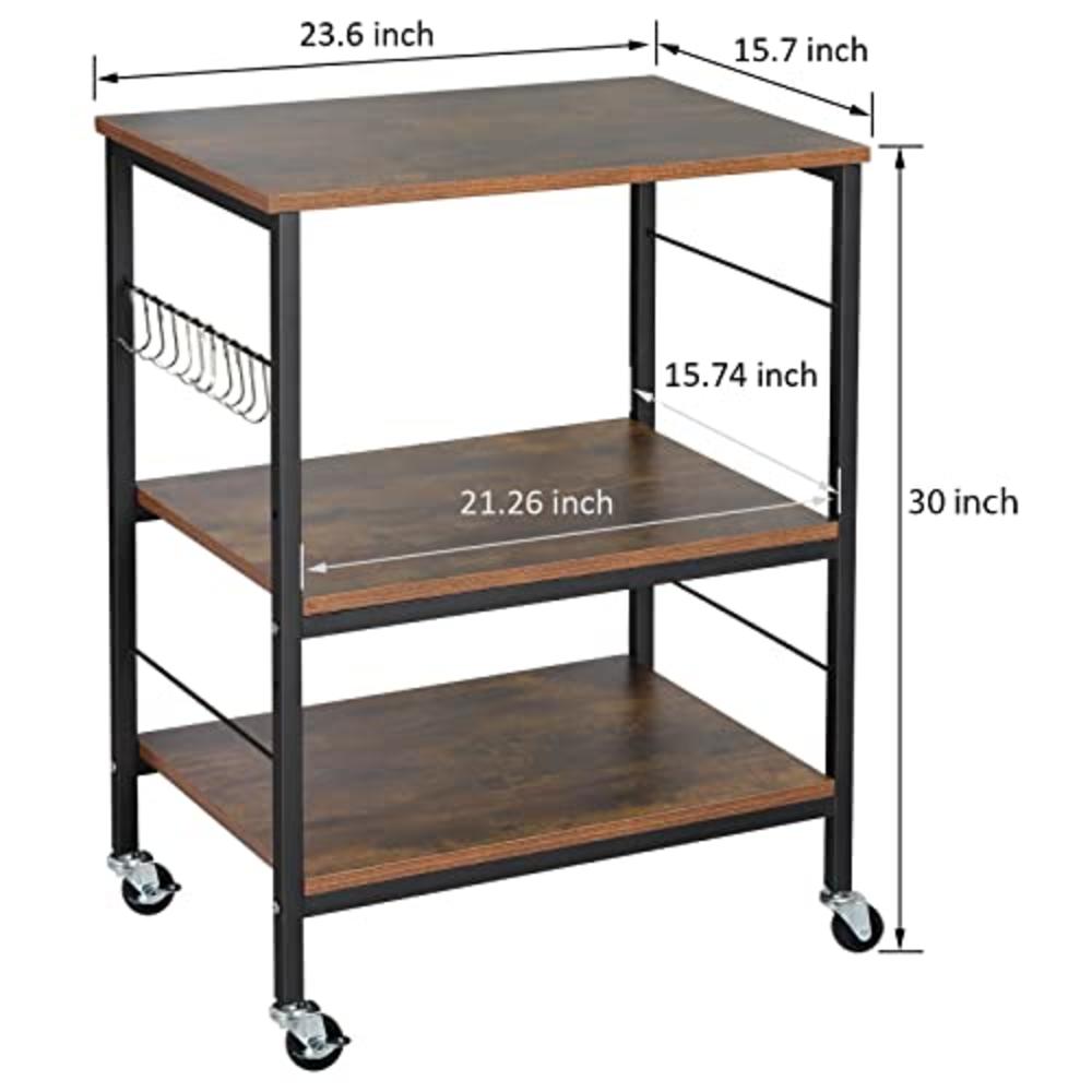 BTY Nightstands, Industrial Microwave Oven Stand Kitchen Bakers Rack End Table 3 Tier Storage Shelf With 10 Hooks For Living Room, K