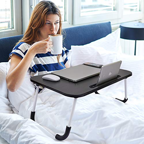 Hossejoy Foldable Laptop Table, Breakfast Serving Bed Tray, Lap Desk With Foldable Leg & Tablet Phone Groove & Cup Slot For Read