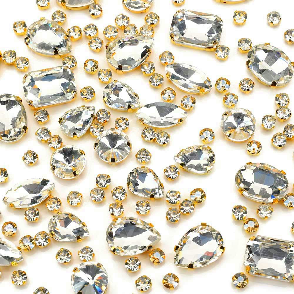 Clear Sew On Rhinestones, Choupee Gold Prong Setting