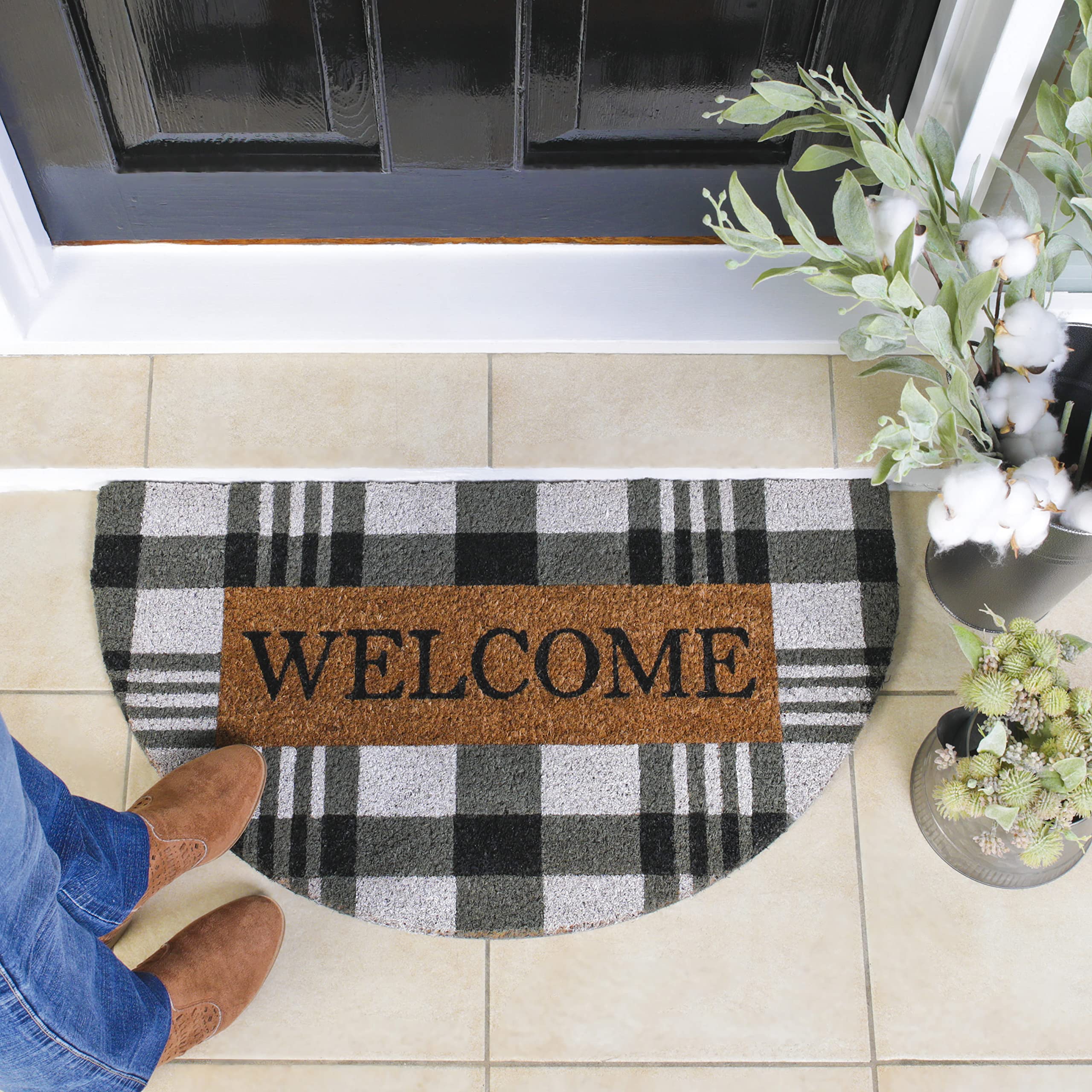DECOREALM Half Round Door Mat, 17X30 Farmhouse Check Welcome Mat, Fall  Doormat Outdoor, Cute Welcome Mats For Front Door, Outside Porch Or
