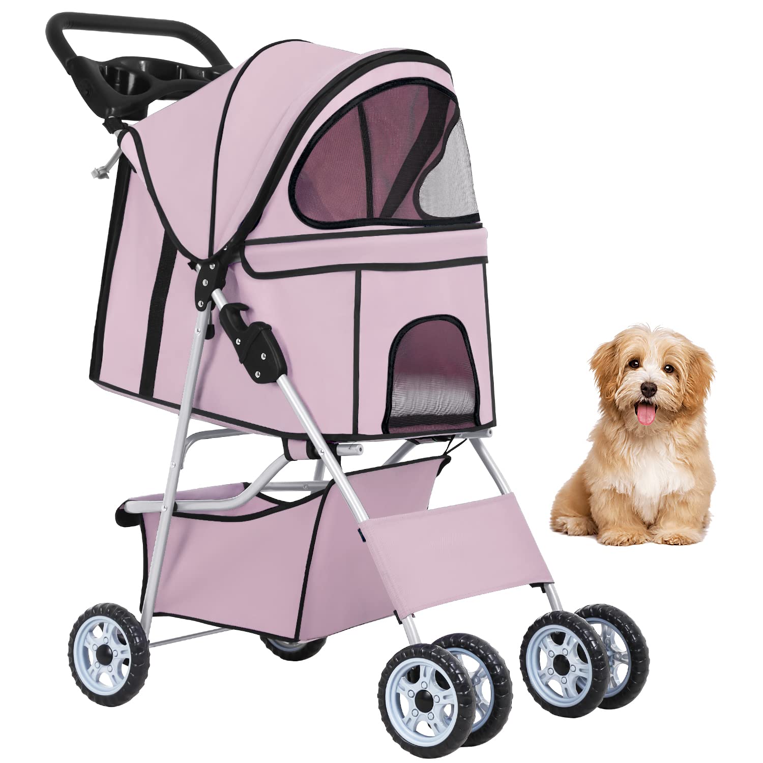 Bestpet Pet Stroller Cat Dog Cage Stroller Travel Folding Carrier,Light Pink