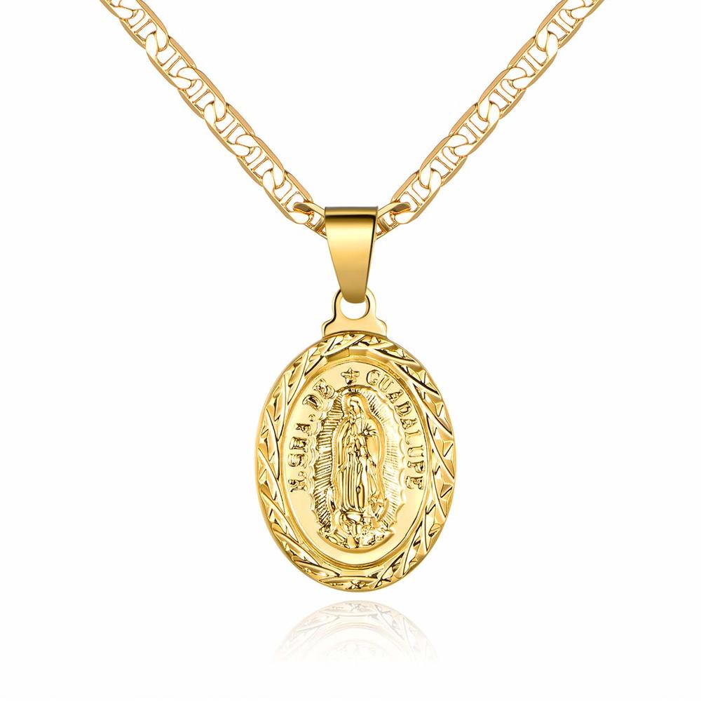 Barzel 18K gold Plated Flat MarinerMarina chain Necklace With Virgin Mary guadalupe charm Pendant 3MM (24)