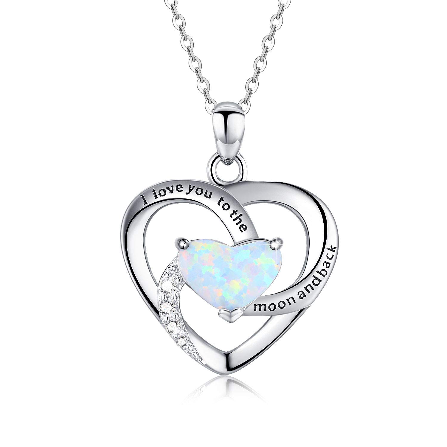cuoka I Love You To The Moon And Back Necklace 925 Sterling Sliver Heart Opal Pendant Necklace,Delicate Romantic I Love You To T